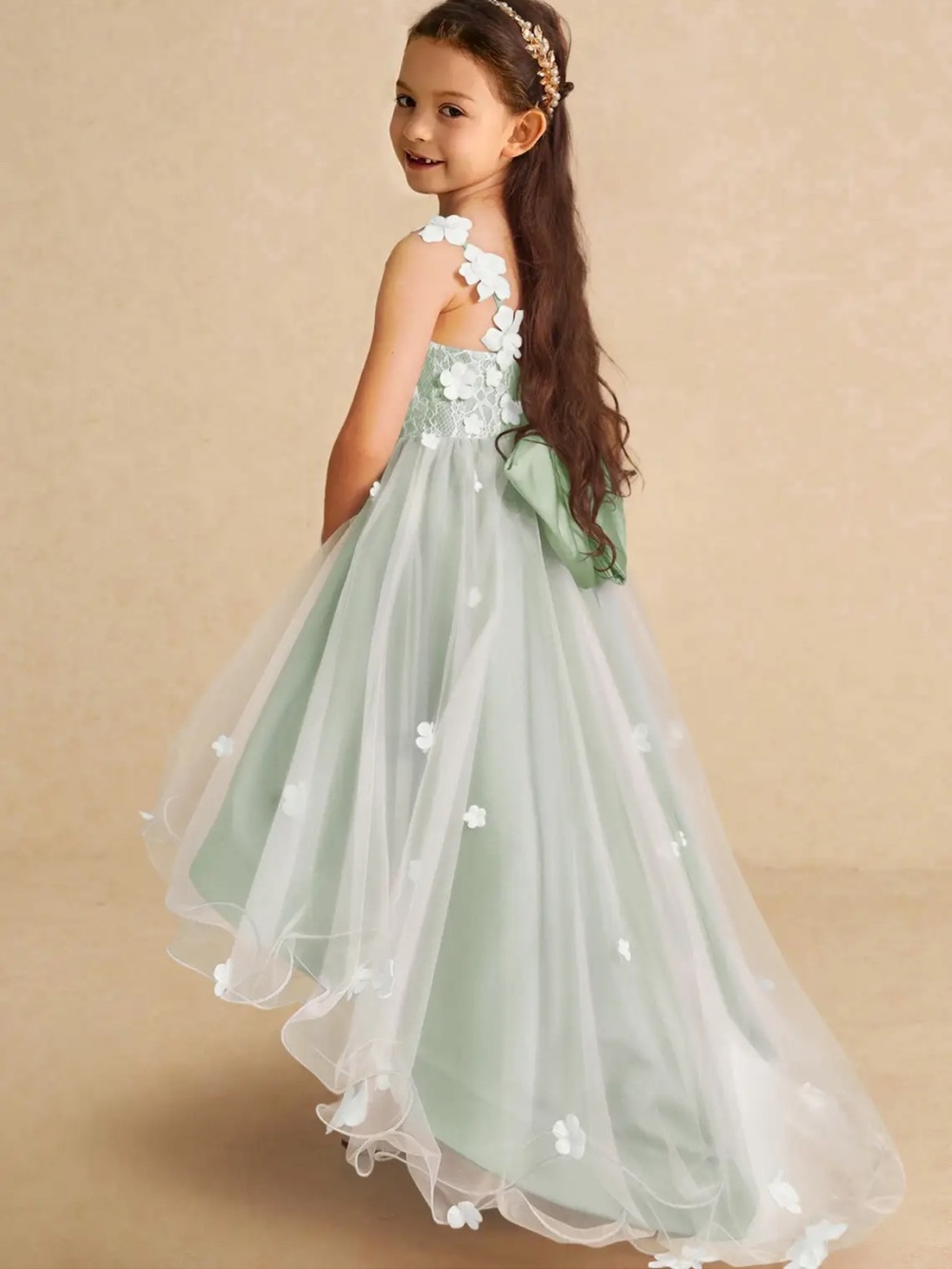 NWT Azazie Celia Dusty Sage A-Line Lace Tulle Dress | Size 5 Girl
